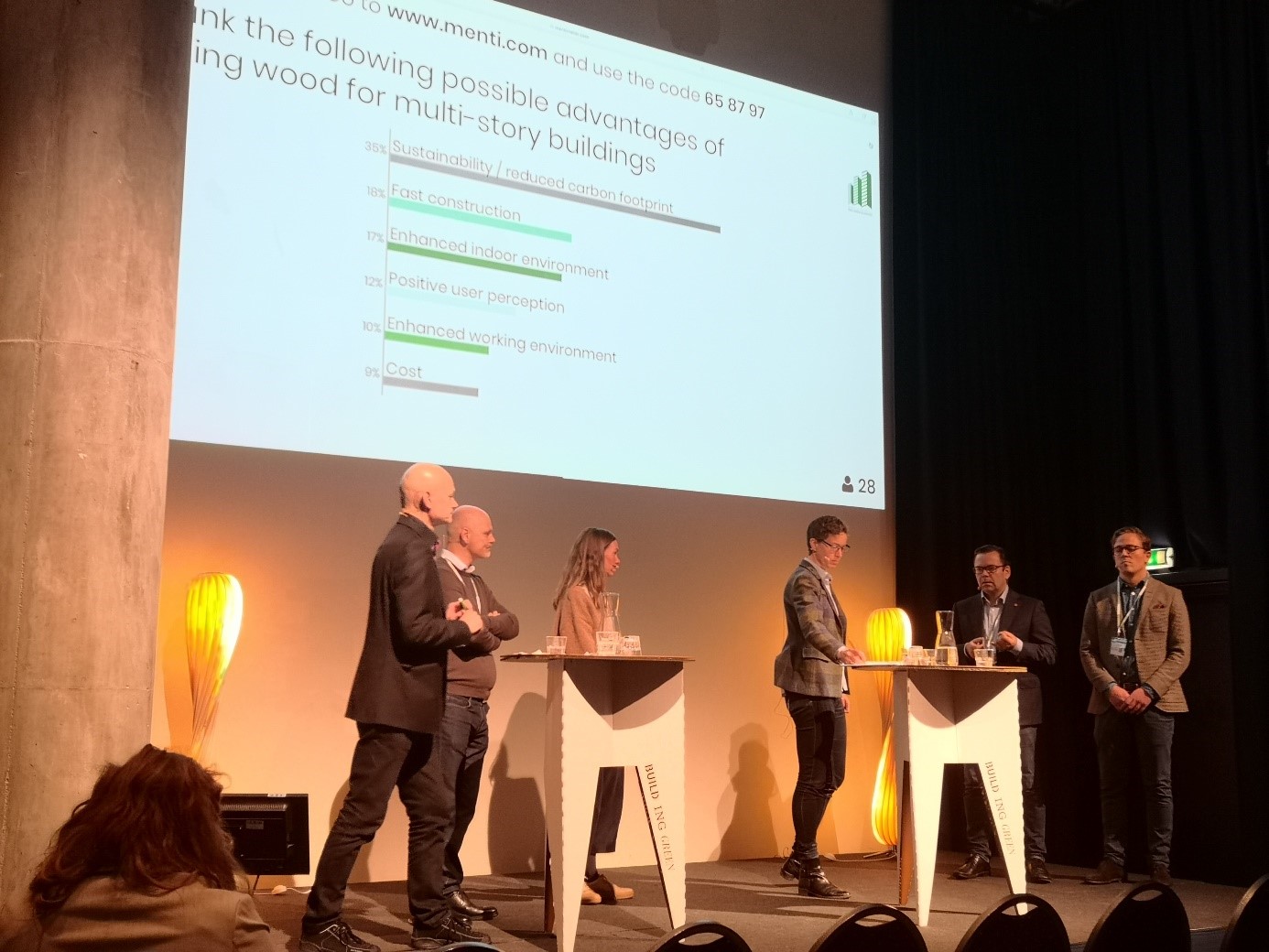 Paneldebatt om bygging av høyhus i tre. Ledet av Aasmund Bunkholt. 